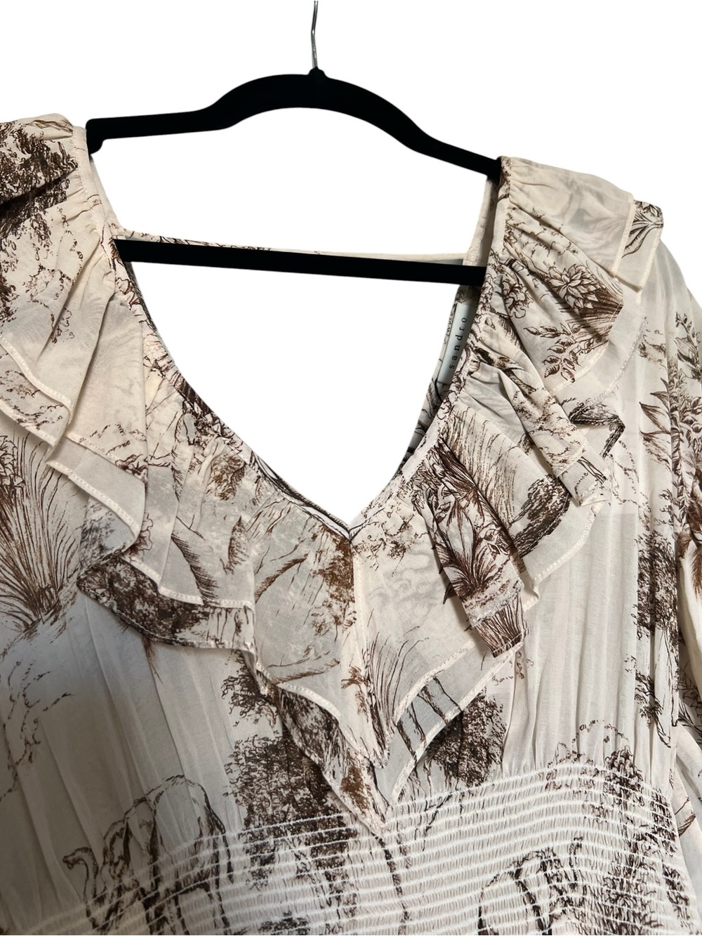 SANDRO Natural Marro Ruffled Printed Gauze Midi Dress - Picture 9 of 12